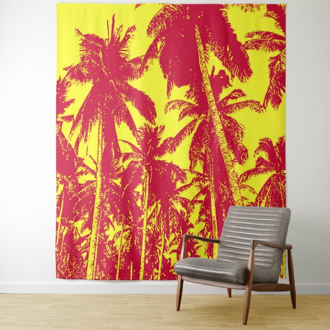 Palm Trees Design Red & Yellow Posterised Effect Tapestry (In Situ)