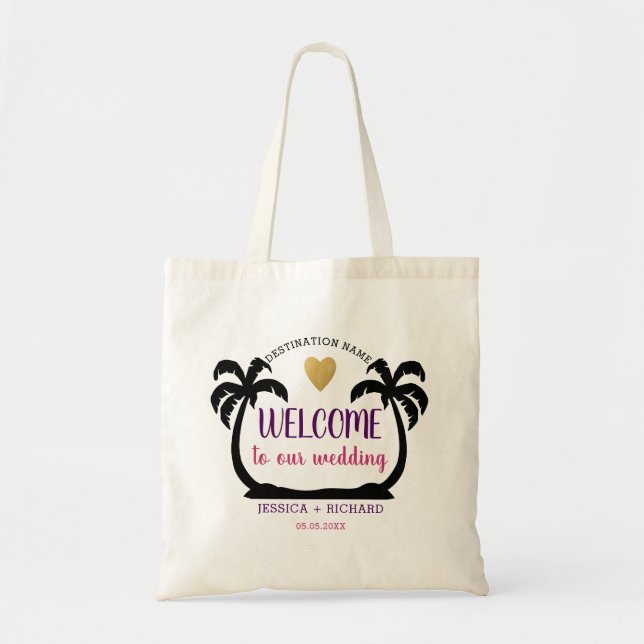 Palm Trees Gold Heart Destination Wedding Welcome Tote Bag (Front)