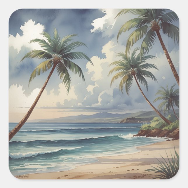 Palm Trees Hawaiian Travel Honolulu Blue Sea Square Sticker (Front)