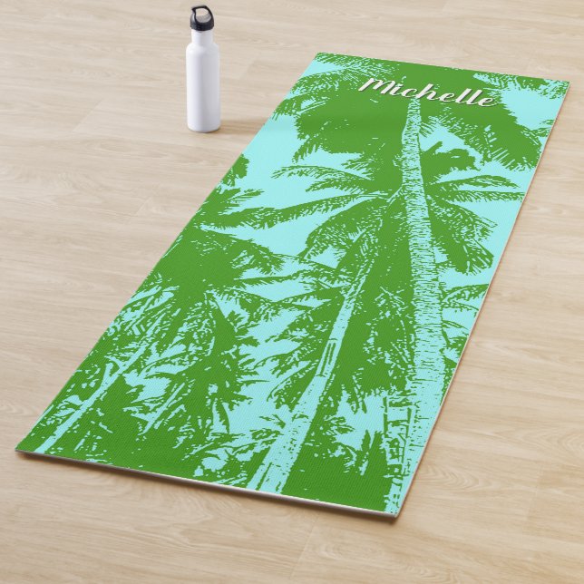 Palm Trees in a Green and Blue Posterised Design Yoga Mat (In Situ)