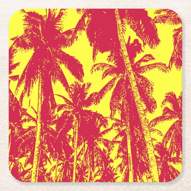 Palm Trees in a Posterised Design Square Paper Coaster (Front)