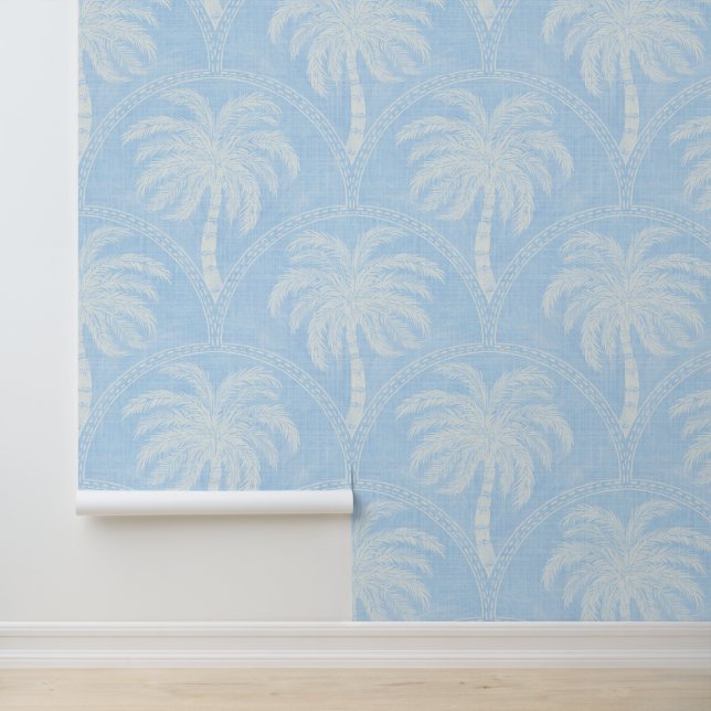 Palm Trees in Soft Blue Tropical Coastal Wallpaper (Application)