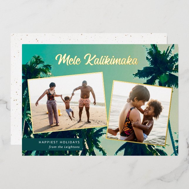 Palm Trees Mele Kalikimaka Two Photo Collage  Foil Holiday Card (Front/Back)