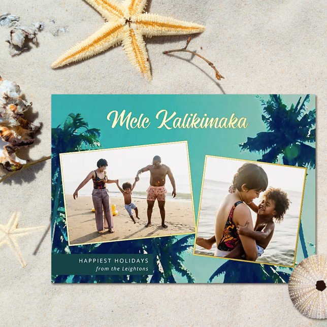 Palm Trees Mele Kalikimaka Two Photo Collage Foil Holiday Card (Creator Uploaded)