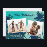 Palm Trees Mele Kalikimaka Two Photo   Holiday Card<br><div class="desc">Looking for beach themed Christmas cards to send to family and friends? This stunning holiday photo card features a painting of palm trees as the background,  as well as 2 photo templates. Stylish typography reads,  "Mele Kallikimaka." Easy to personalise! The back contains a sand design over a white background.</div>