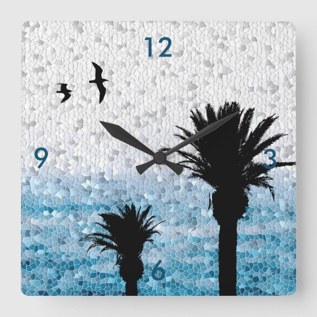 Palm Trees Mosaic Design 25 blue Square Wall Clock (Front)
