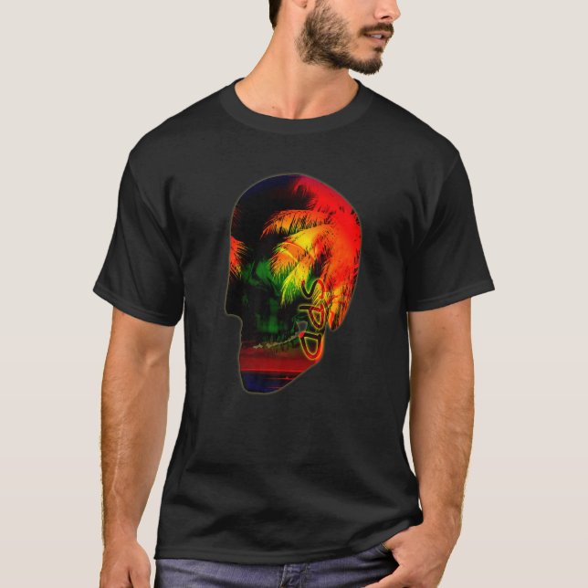 Palm Trees Night Ocean Skull T-Shirt (Front)
