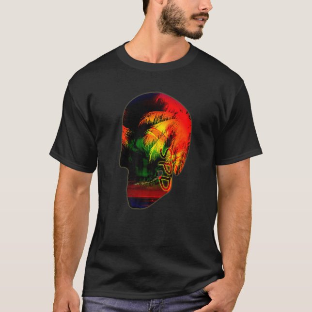 Palm Trees Night Ocean Skull T-Shirt (Front)