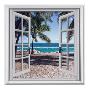 Palm Trees Ocean View Fake Window Poster
