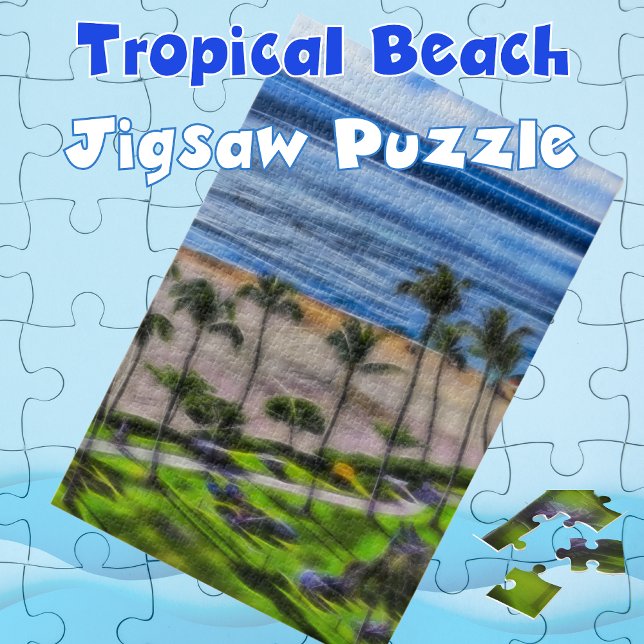 Palm Trees Ocean View Hawaiian Vacation Jigsaw Puzzle (Tropical Beach Palm Trees Jigsaw Puzzle)