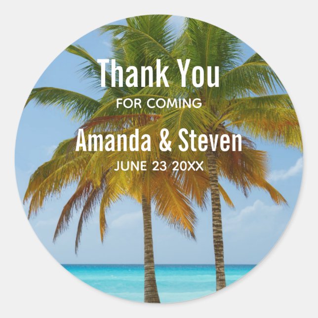 Palm Trees on a Tropical Beach Wedding Classic Round Sticker (Front)