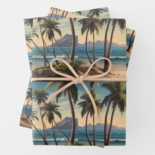 Palm trees on an island beach looking over the sea wrapping paper sheet (In situ)
