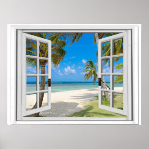 Palm Trees On Beach Ocean View Fake Window Poster