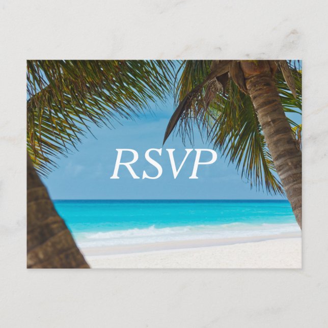 Palm Trees On Beach Wedding RSVP Postcards (Front)