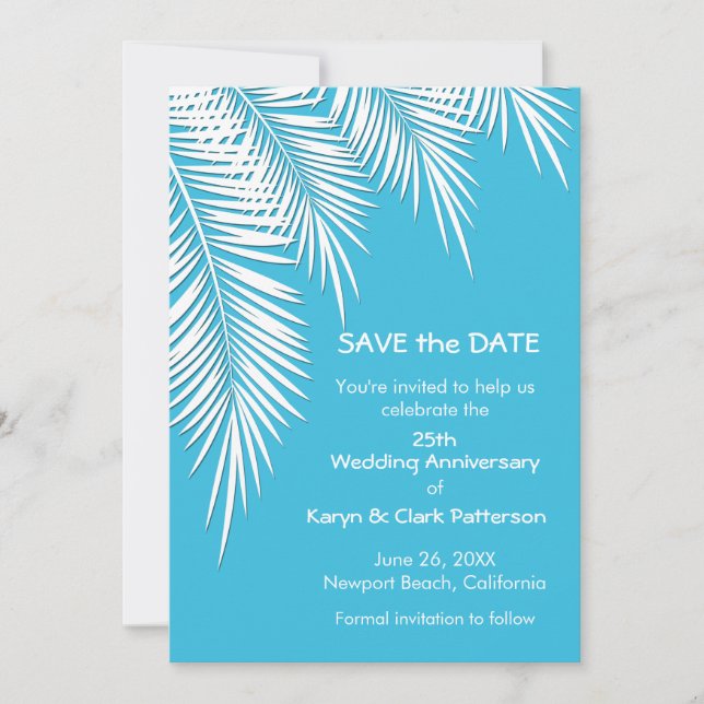Palm Trees on Blue SAVE THE DATE Cards (Front)