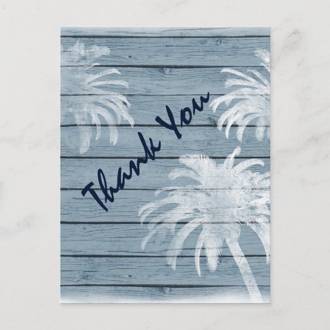 Palm Trees on Rustic Wood Beach Thank You Postcard (Front)