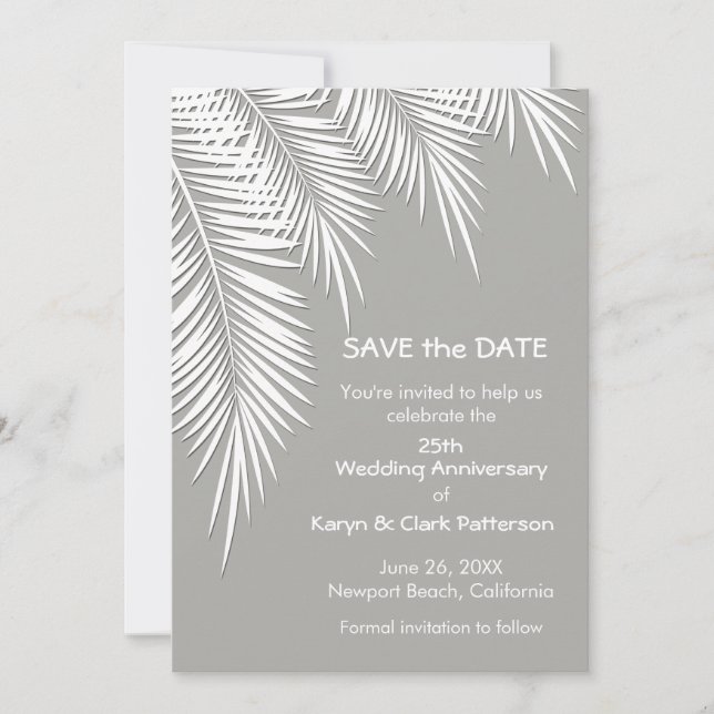 Palm Trees on Silver SAVE THE DATE Cards (Front)