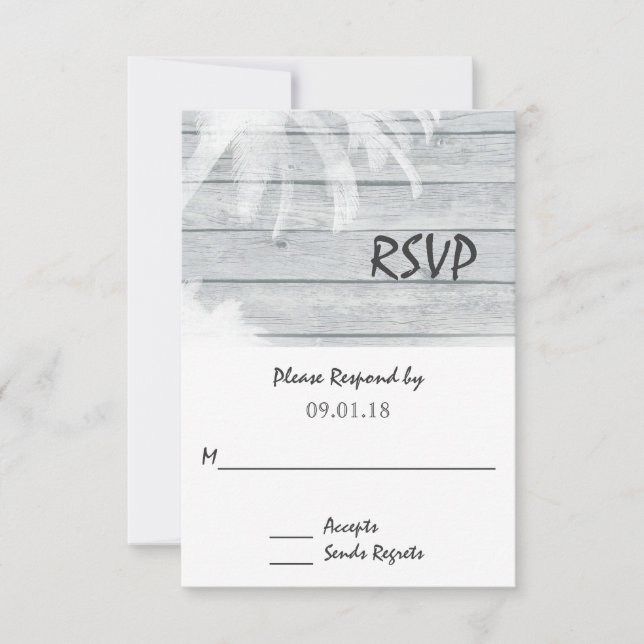 Palm Trees on Wood Beach Wedding RSVP Card (Front)