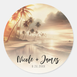 Palm Trees & Orange Sunset Beach Wedding Classic Round Sticker