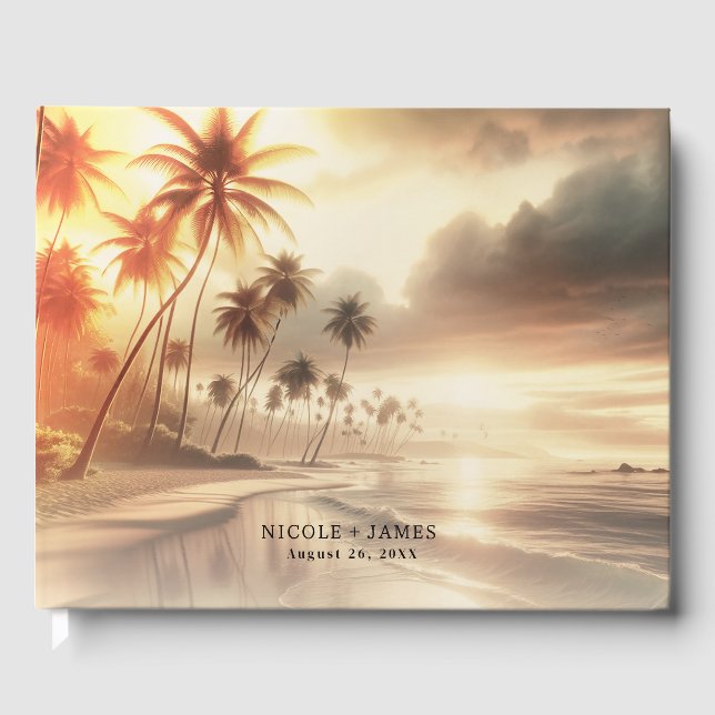 Palm Trees & Orange Sunset Beach Wedding Guest Book (Front)