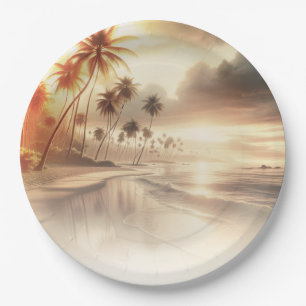 Palm Trees & Orange Sunset Beach Wedding Paper Plate