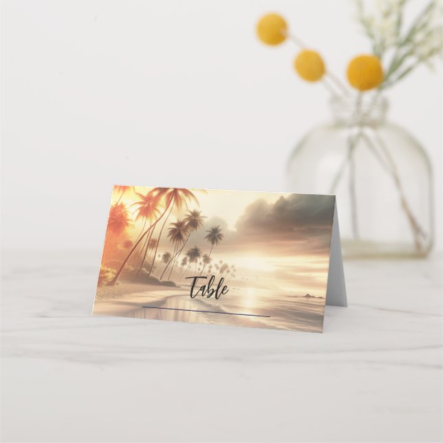 Palm Trees & Orange Sunset Beach Wedding Place Card (Front)