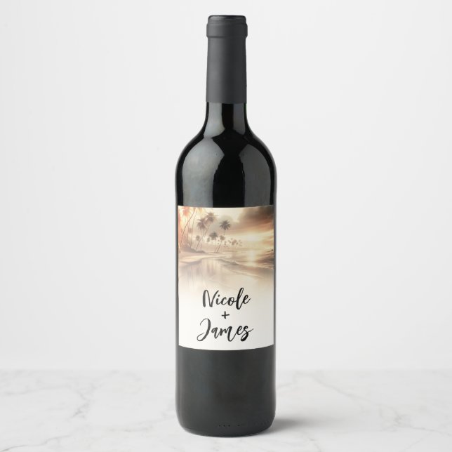 Palm Trees & Orange Sunset Beach Wedding Wine Label (Front)