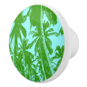 Palm Trees Pattern in Green and Blue. Ceramic Knob