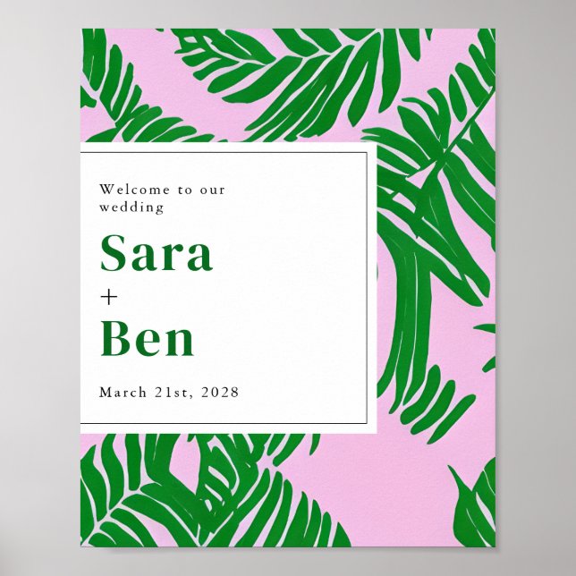 Palm Trees Pink + Green Beach Wedding Welcome  Poster (Front)