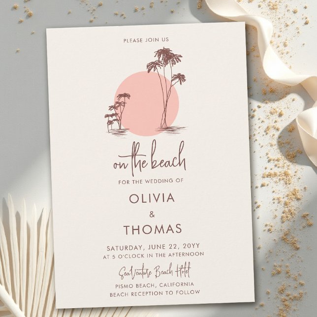Palm Trees Pink Sun Light Sand Beach Wedding Invitation (beach wedding invitation tropical palm trees pink sun sand beige hand drawn modern calligraphy)
