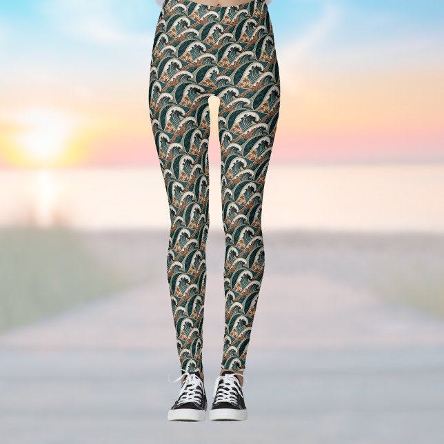 Palm Trees Polynesian Waves Vintage Beach Green Leggings (Creator Uploaded)