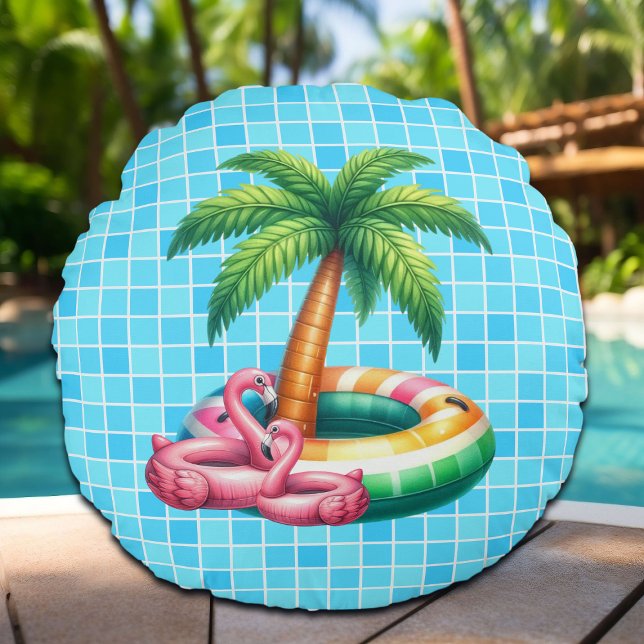 Palm Trees Pool Party Flamingo Round Cushion (Creator Uploaded)
