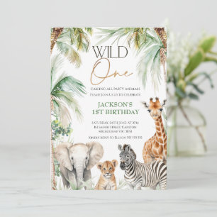 Palm Trees Safari Animals Wild One 1st Birthday Invitation