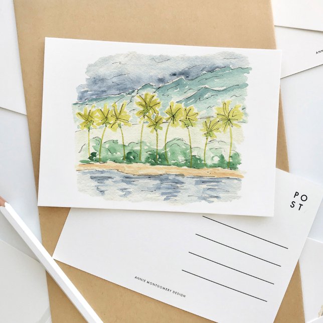 Palm Trees Santa Barbara Beach Watercolor Travel Invitation Postcard (Palm trees lined beach scene inspired by Santa Barbara, California watercolor travel postcard.)
