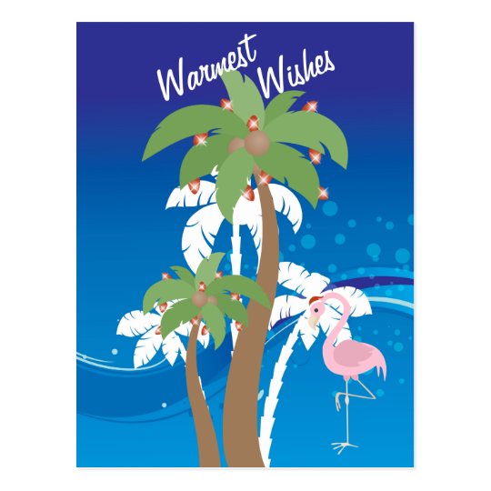 Palm Trees, Santa Flamingo Beach Christmas Holiday Postcard