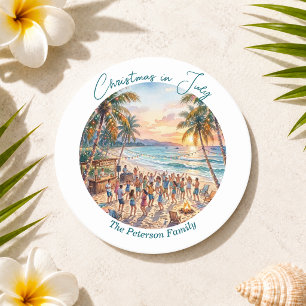 Palm Trees String Lights Party Christmas in July  Round Paper Coaster