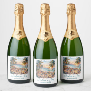 Palm Trees String Lights Party Christmas in July Sparkling Wine Label