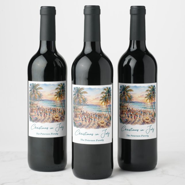 Palm Trees String Lights Party Christmas in July  Wine Label (Bottles)
