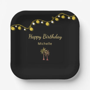 Palm Trees String Lights Tropical Birthday Party Paper Plate