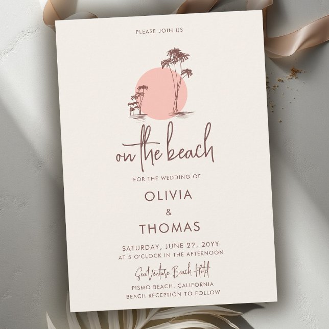 Palm Trees Sun Pink Cream Sand Beach Wedding Invitation (beach wedding invitation tropical palm trees pink sun hand drawn modern calligraphy sand beige)