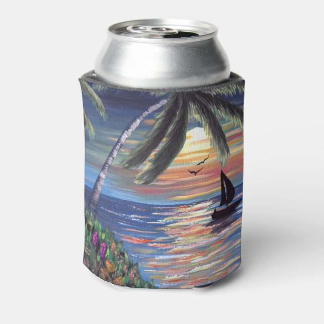 Palm Trees Sunset Ocean Painting Can Cooler (Can Back)