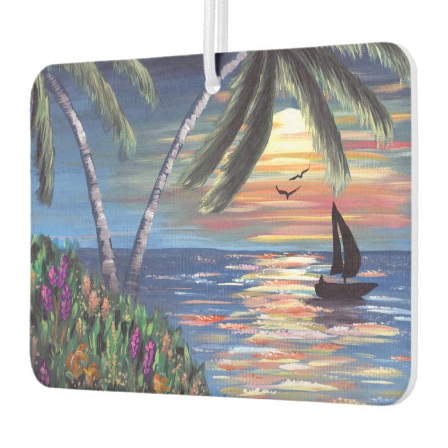 Palm Trees Sunset Ocean Painting Car Air Freshener (Left)