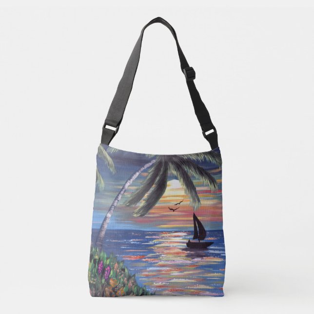 Palm Trees Sunset Ocean Painting Crossbody Bag (Front)