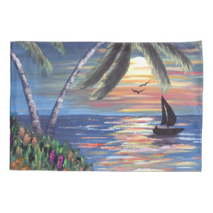 Palm Trees Sunset Ocean Painting Pillowcase