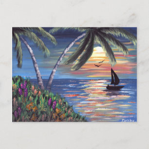 Palm Trees Sunset Ocean Painting Postcard