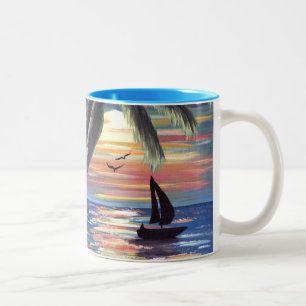 Palm Trees Sunset Ocean Painting Two-Tone Coffee Mug