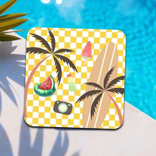 Palm Trees Surfboard Chequered Summer  Coaster (Creator Uploaded)