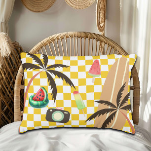 Palm Trees Surfboard Chequered Summer  Decorative Cushion