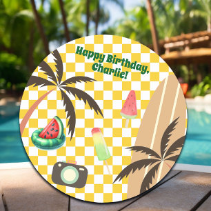 Palm Trees Surfboard Chequered Summer Party Classic Round Sticker