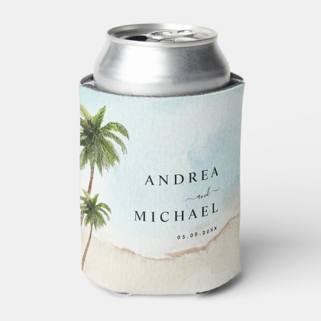 Palm Trees Tropical Beach Destination Wedding Can Cooler (Can Front)